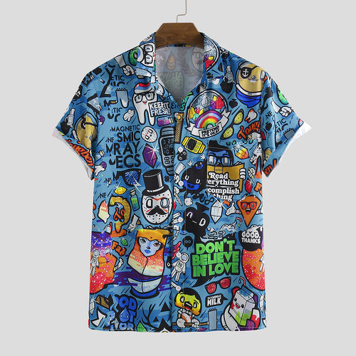 Mens Character Printing Turn Down Collar Casual Shirts