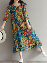 Women Floral Printed Loose 3/4 Sleeves O-Neck Dress