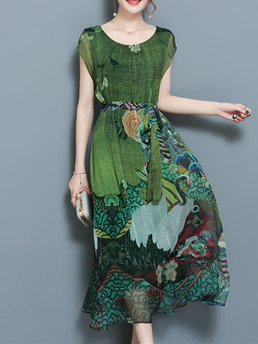 Elegant Women Floral Short Sleeve Mid-long Dress