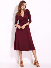 Sexy Women Summer V-Neck 3/4 Sleeve Ruched Waist Casual Midi Dress