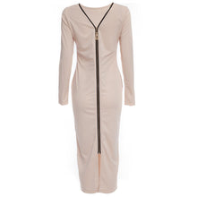 Simple Round Collar Long SLeeve Zipper Design Skinny Midi Dress for Women