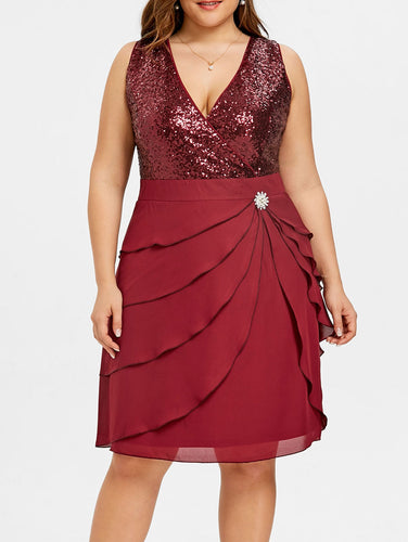 Plus Size Chiffon Sequins Panel Tiered Ruffle Dress