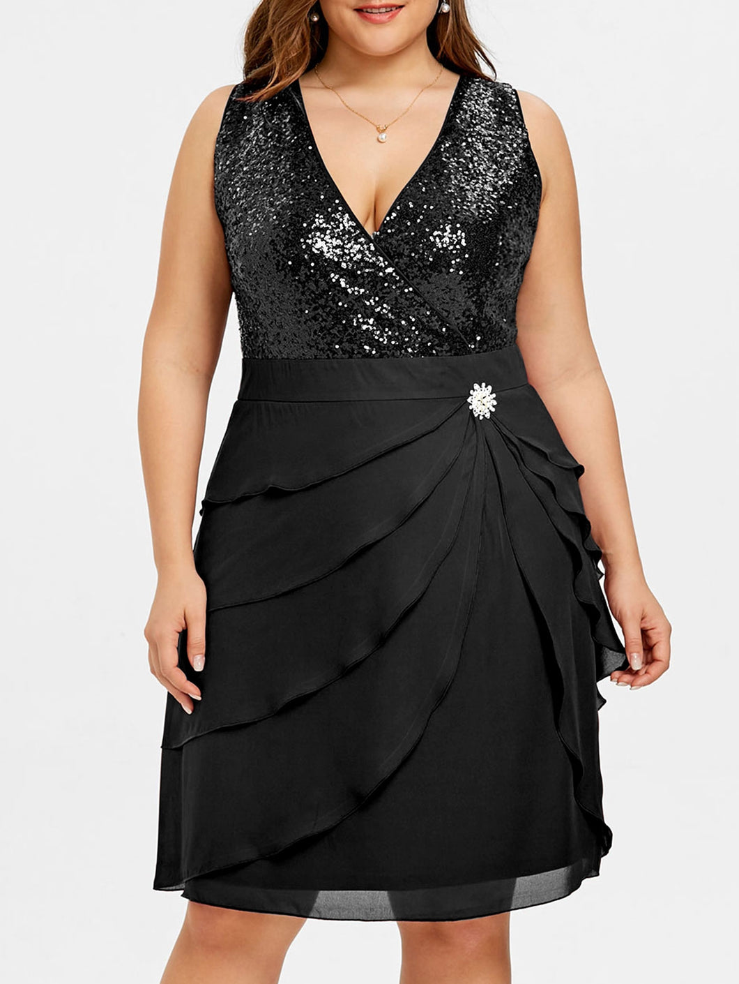 Plus Size Chiffon Sequins Panel Tiered Ruffle Dress (BLACK 2XL)