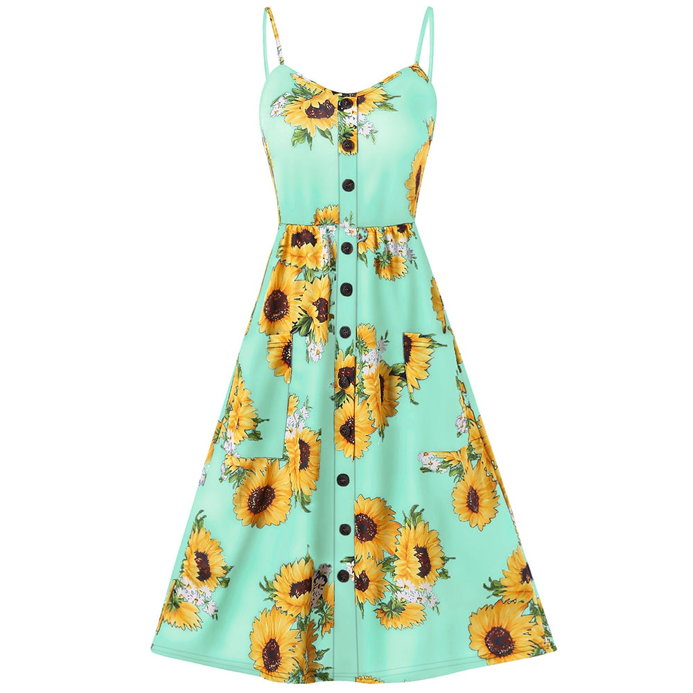 Spaghetti Strap Mini Dress Sunflower Print