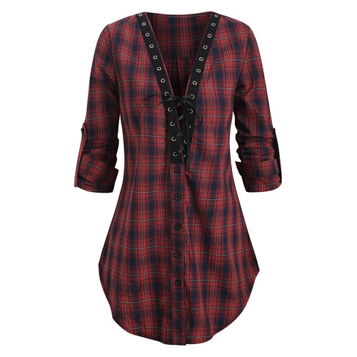 Plaid Lace Up Slit Blouse