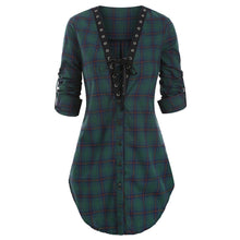 Plaid Lace Up Slit Blouse