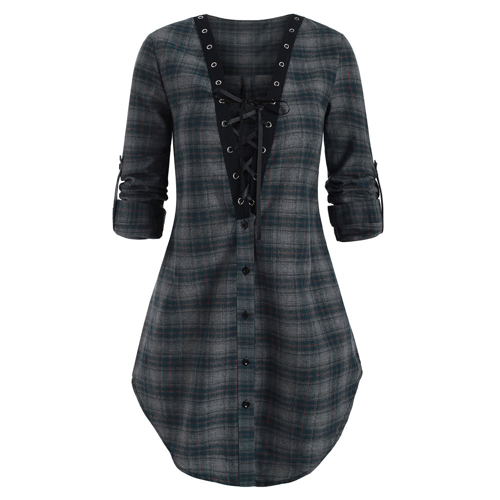 Plaid Lace Up Slit Blouse