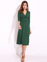 Sexy Women Summer V-Neck 3/4 Sleeve Ruched Waist Casual Midi Dress