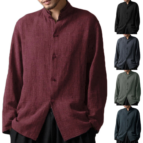 INCERUN Mens Vintage Cotton Stand Collar Long Sleeve Shirts