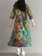 Women Floral Printed Loose 3/4 Sleeves O-Neck Dress