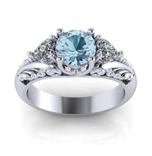 Antique Style 925 Sterling Silver Round Aquamarine Floral Engagement Promise Solitaire Ring