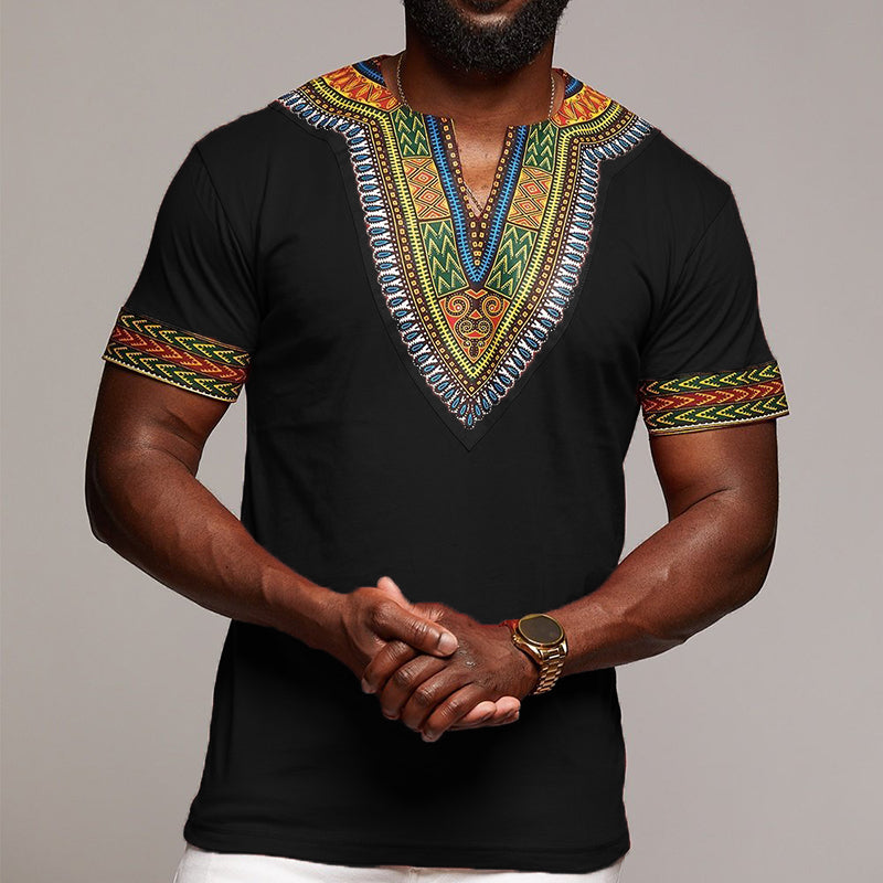 Mens African Ethnic Short Sleeve Top  Dashiki Style Printing Tops T Shirt Blouse