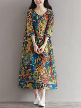Women Floral Printed Loose 3/4 Sleeves O-Neck Dress