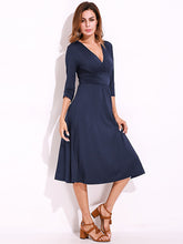 Sexy Women Summer V-Neck 3/4 Sleeve Ruched Waist Casual Midi Dress