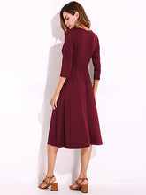 Sexy Women Summer V-Neck 3/4 Sleeve Ruched Waist Casual Midi Dress