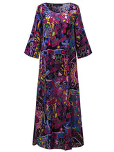 Women Floral Printed Loose 3/4 Sleeves O-Neck Dress