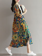 Women Floral Printed Loose 3/4 Sleeves O-Neck Dress