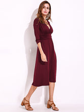 Sexy Women Summer V-Neck 3/4 Sleeve Ruched Waist Casual Midi Dress