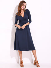 Sexy Women Summer V-Neck 3/4 Sleeve Ruched Waist Casual Midi Dress