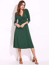 Sexy Women Summer V-Neck 3/4 Sleeve Ruched Waist Casual Midi Dress