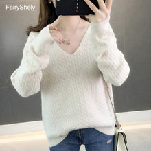 FairyShely 2019 Casual con cuello en V suéter de las mujeres de invierno cálido Jumper Rosa suelta Cachemira suéter de punto jersey Top tirar Hiver Femme