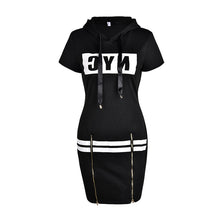 Letter printed Dress Hooded Female Mini Dresses Vestidos Summer Slim Bodycon Dress Women Zipper Split Dress Streetwear Femme D30