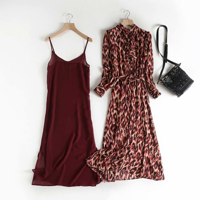 Za 2020 Women Dress Leopard Print Chiffon Mid Calf Dress Long Sleeve Turn-Down Collar Vintage Dresses Female Ruffles Vestidos