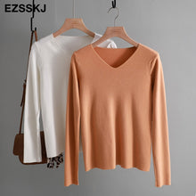 chic casual Autumn Winter Basic Sweater pullovers Women v-neck Solid Knit Slim Pullover female Long Sleeve warm Khaki Sweater