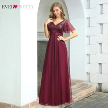 Burgundy Formal Dresses Ever Pretty EP00542 Elegant A Line V Neck Ruffles Sleeves Sequined Long Evening Dress Vestidos De Noche