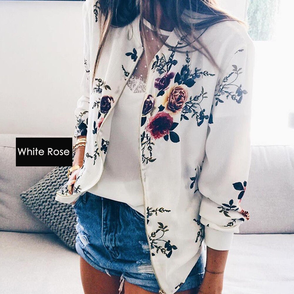 Moda bombardeiro jaqueta femal Mulheres floral Manga Longa casaco Outwear Casual Tops feminino kimono bombardeiro básico femal jaqueta floral