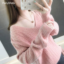 FairyShely 2019 Casual con cuello en V suéter de las mujeres de invierno cálido Jumper Rosa suelta Cachemira suéter de punto jersey Top tirar Hiver Femme