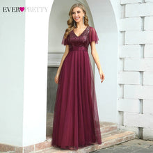 Burgundy Formal Dresses Ever Pretty EP00542 Elegant A Line V Neck Ruffles Sleeves Sequined Long Evening Dress Vestidos De Noche