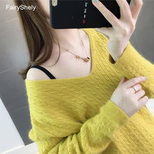 FairyShely 2019 Casual con cuello en V suéter de las mujeres de invierno cálido Jumper Rosa suelta Cachemira suéter de punto jersey Top tirar Hiver Femme