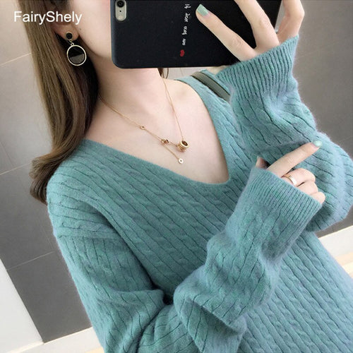 FairyShely 2019 Casual con cuello en V suéter de las mujeres de invierno cálido Jumper Rosa suelta Cachemira suéter de punto jersey Top tirar Hiver Femme