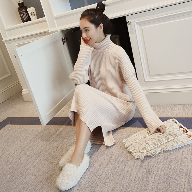 Suéter coreano Vestido Mujer suéteres de punto Vestidos Mujer suéter sobre la rodilla vestido de talla grande suéteres de cuello alto vestidos OL vestido mujer vestidos invierno mujer 2019  vestidos de invierno