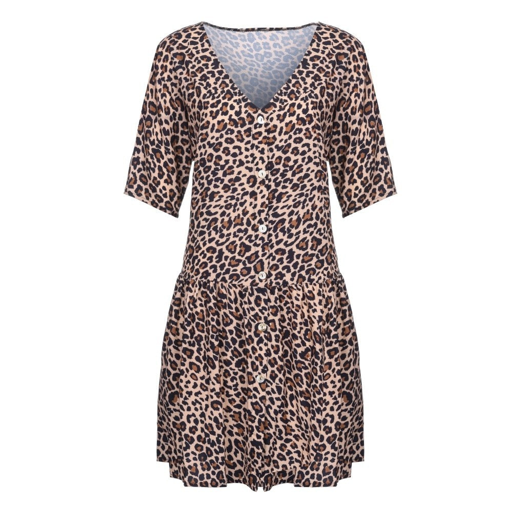 Sexy Womens Loose Dress Fashion Ladies Open Leopard Splice Print Button Casual Party Dress Short Sleeve Beach Dresses Vestidos