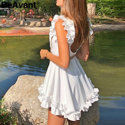 BeAvant Backless ruffle women white dress casual Vestidos elegant pleated summer dress 2019 High waist sexy short party dresses