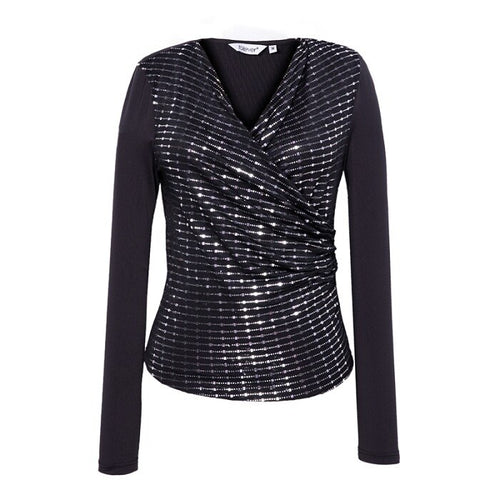 Mujeres moda Otoño brillante Negro de lentejuelas camisa Casual con cuello en V y manga larga superior damas elegante blusa Plus tamaño Talever