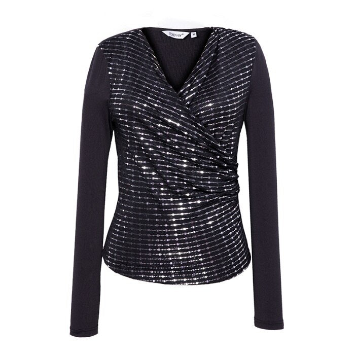 Mujeres moda Otoño brillante Negro de lentejuelas camisa Casual con cuello en V y manga larga superior damas elegante blusa Plus tamaño Talever