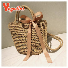 Yogodlns new arrive Handmade Straw Bags Ribbons Bowknot Beach Knitting Handbags Tote Shoulder Bag