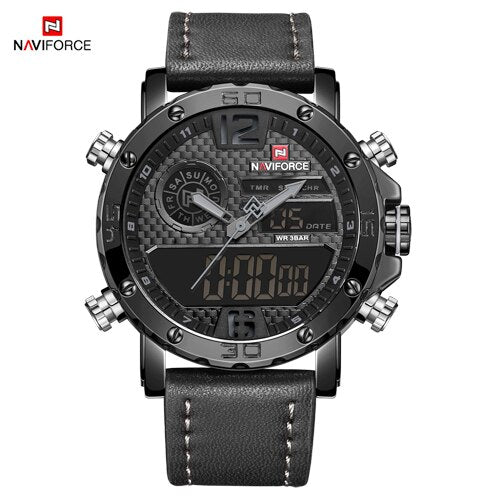 Naviforce hombres de doble pantalla reloj de cuarzo reloj hombres negro Sport reloj 12/24 horas Relogio masculino caliente