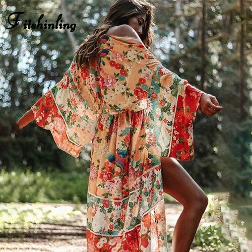 Fitshinling Vintage print floral beach cover up summer swimwear bikini outerwear flare sleeve oversize bohemian long cardigans