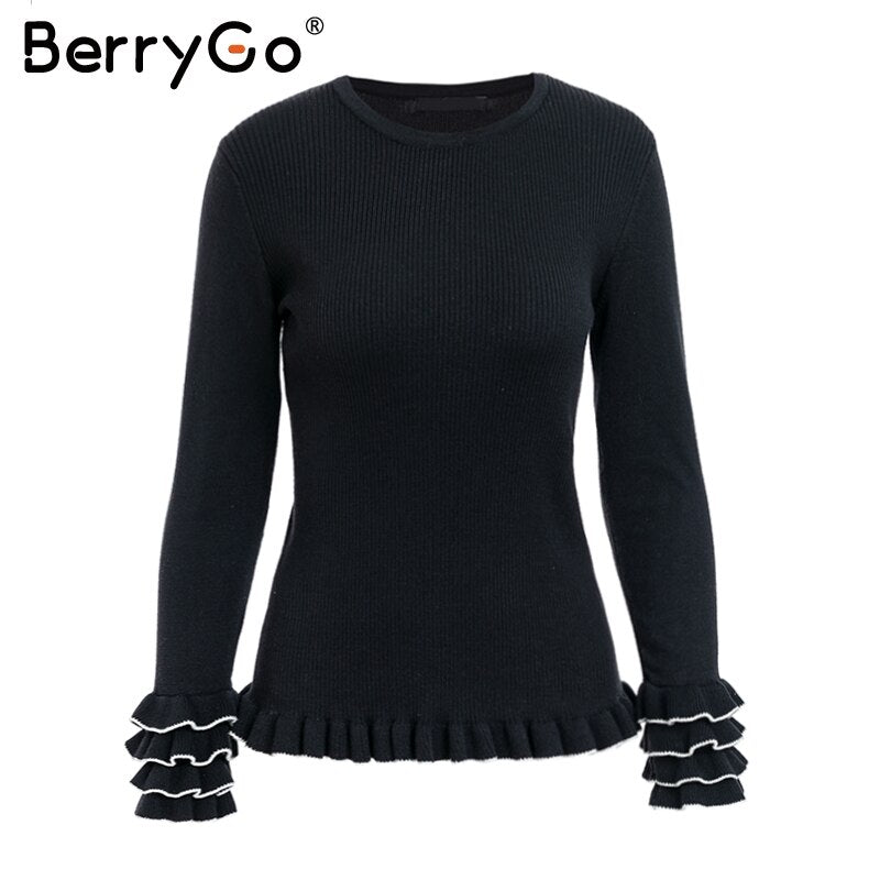 BerryGo Elegant ruffles knitted winter sweater 2018 pull femme Women casual  pullover Autumn ladies sweaters slim female jumpers