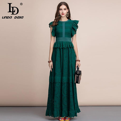 LD LINDA del otoño elegante sólido Maxi Vestido largo de las mujeres de manga de volantes frente auto cinturón de algodón Formal vestidos de fiesta vestido