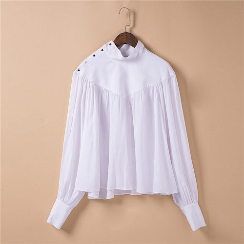 Elegante mujer blusa blanca 100% algodón Collar soporte linterna mangas sueltas camisas de oficina camisa Tops Plus tamaño Talever