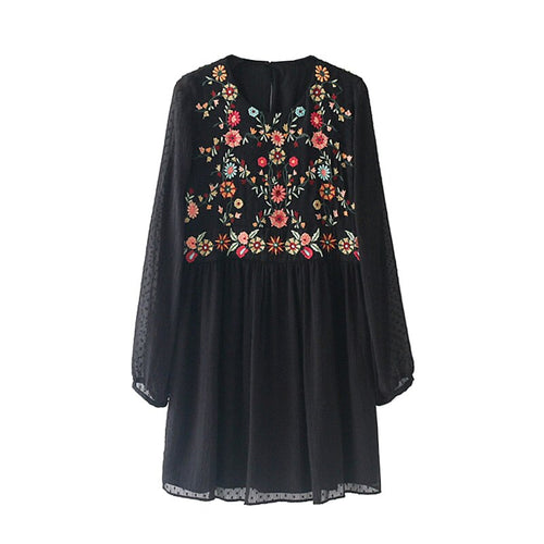 Vintage Floral bordado malla Mini vestido mujer 2018 nueva moda ver a través de Vestidos de manga larga Casual Mujer Vestidos