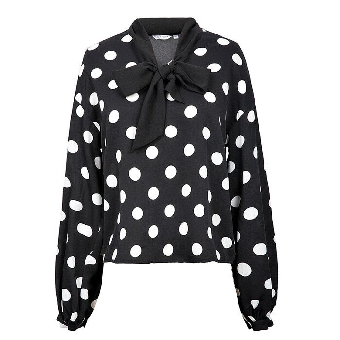 Elegante de moda de las mujeres de manga completa camisa Casual arco cinta Dot rayas blusas Oficina suelto suave camisa blusa Talever