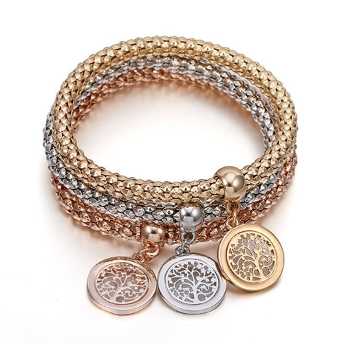 Nuevo árbol de la vida pulseras de oro rosa 3 colores cadenas palomitas de maíz pulsera de oro joyería de moda para mujeres chica regalos de navidad