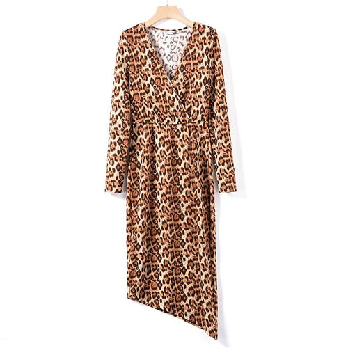 Estampado de leopardo de manga larga parte elástica mujeres Sexy vestidos Midi lápiz Bodycon Club alta cintura vestido de cuello en V vestido Talever