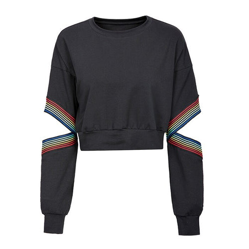 Las mujeres negro corto sudaderas moda hueco fuera Arco Iris correas de manga larga o-Cuello mujer Ulzzang cultivo sudaderas Talever